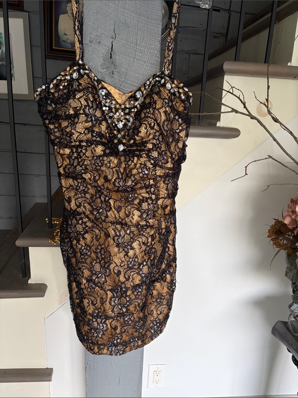 Black Lace Overlay Cocktail Dress with Gold Underlay by RIANNA COUTURE
